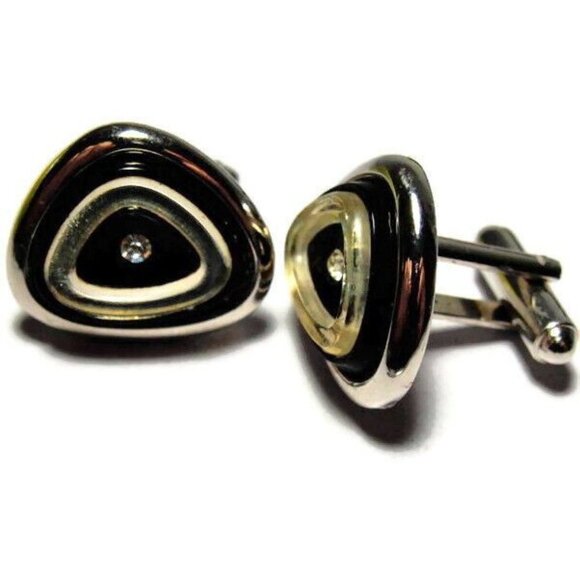 Signed Shields Triangle Black Silver Tone Cufflinks Tux Shirt Dress Suit Vintage - Picture 2 of 10